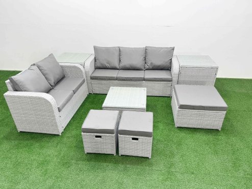 Fimous 8 Seater PE Rattan Wicker Garden Furniture Patio Conservatory Sofa Set with Square Coffee Table 3 Seater Sofa Love Sofa 3 Stool 2 Side Table