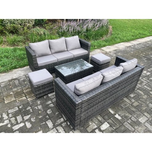 Fimous 8 Seater Rattan Garden Furniture Set Outdoor Patio Sofa Set with Oblong Coffee Table 2 Small Footstools Dark Grey Mixed