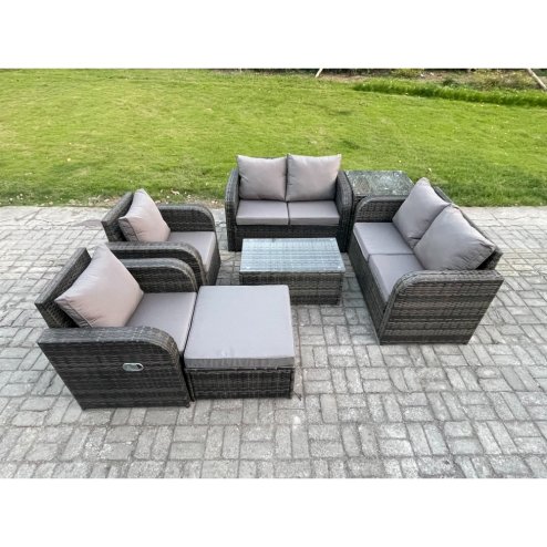 Fimous Rattan Garden Furniture Set 7 Seater Patio Outdoor Lounge Sofa Set with 2 Reclining Chairs Rectangular Coffee Table Big Footstool Side Table Dark Grey Mixed