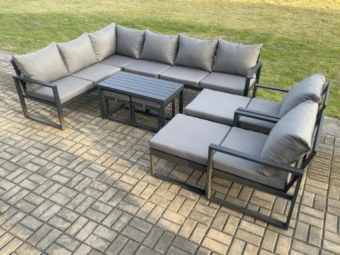 Fimous Aluminium Outdoor Garden Furniture Set Patio Lounge Sofa with Oblong Coffee Table Chair 2 Small Footstools Big Footstool Dark Grey