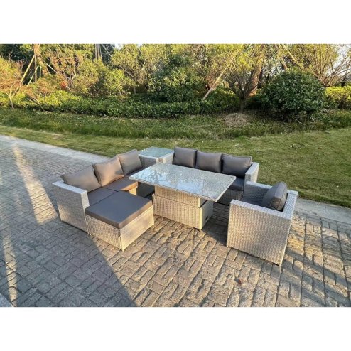 Fimous Rattan Garden Funiture Set Adjustable Rising Lifting Table Sofa Dining Set Side Coffee Tea Table Chair Footstool