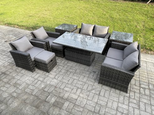 Fimous Outdoor Garden Furniture Sets 9 Pieces Wicker Rattan Furniture Sofa Dining Table Set with 2 Small Footstools 2 Side Tables Dark Grey Mixed