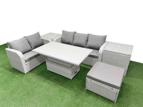 Fimous 6 Seater PE Rattan Wicker Garden Furniture Patio Conservatory Sofa Set with Adjustable Lifting Dining or Coffee Table 3 Seater Sofa Love Sofa Big Footstool 2 Side Table