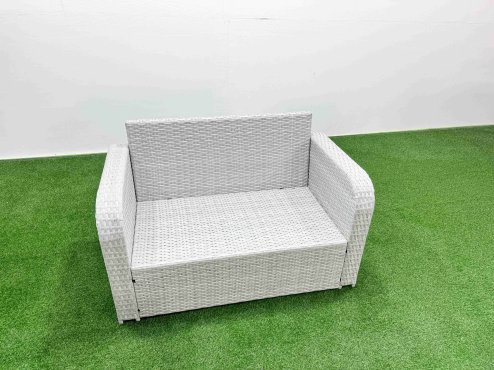 Fimous 4 Seat Outdoor Love Sofa Set Rattan Garden Furniture Set with Rectangular Dining Table Light Grey