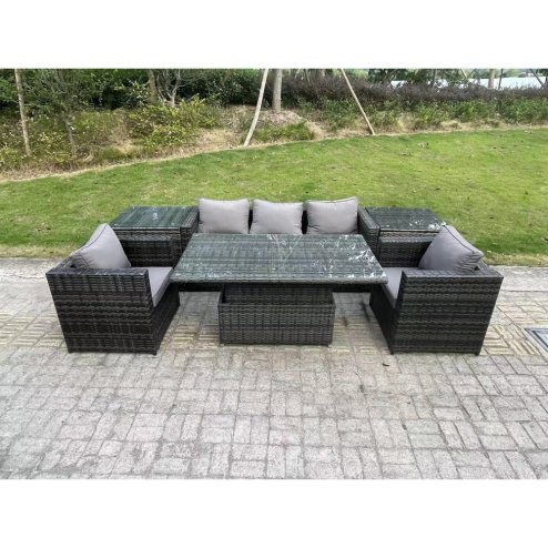 Fimous Rattan Garden Furniture Sofa Set Outdoor Adjustable Rising Lifting Dining Table Set with 2 Armchairs 2 Side Tables Dark Grey Mixed