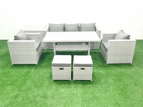 Fimous Garden Dining Set Outdoor Rattan Furniture Set with Sofa Dining Table 2 Chairs 2 Small Footstools Side Table Light Grey Mixed