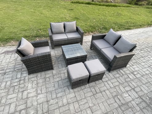 Fimous 7 Seater Outdoor Rattan Garden Furniture Set Conservatory Patio Sofa Coffee Table Set with Chair 2 Small Footstools Dark Grey Mixed