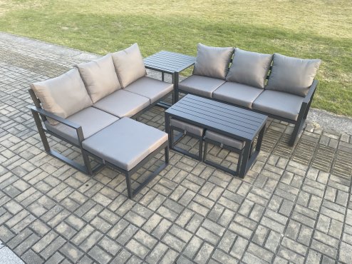 Fimous Aluminium 9 Seater Garden Furniture Outdoor Patio Sofa Set with Rectangular Coffee Table 3 Footstools Side Table Dark Grey