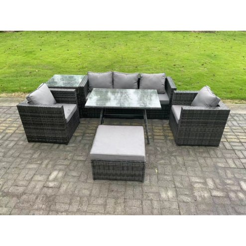 Fimous 6 Seater Wicker Rattan Outdoor Furniture Garden Dining Set with Sofa Oblong Dining Table 2 Armchairs Stool Dark Grey Mixed