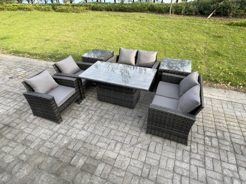 Fimous Rattan Garden Furniture Sets Patio Outdoor Rising Lifting Table Sofa Set with Double Seat Sofa 2 Side Tables Dark Grey Mixed