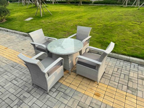 Fimous Rattan Garden Furniture Set with 1 Medium Round Coffee Table & 4 Seater Chairs Light Grey Mixed