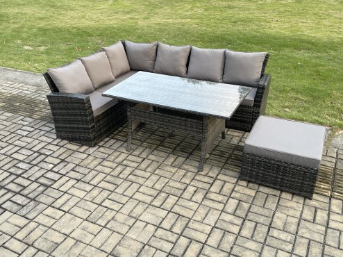 Fimous 7 Seater Garden Rattan Furniture Corner Dining Set with Big Footstool Indoor Outdoor Lounge Sofa Set Dark Grey Mixed