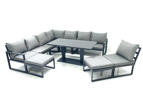 Fimous 10 Seater Outdoor Aluminum Garden Furniture Set Corner Sofa 2 Big Footstools Rising Lifting Dining Table Sets Dark Grey