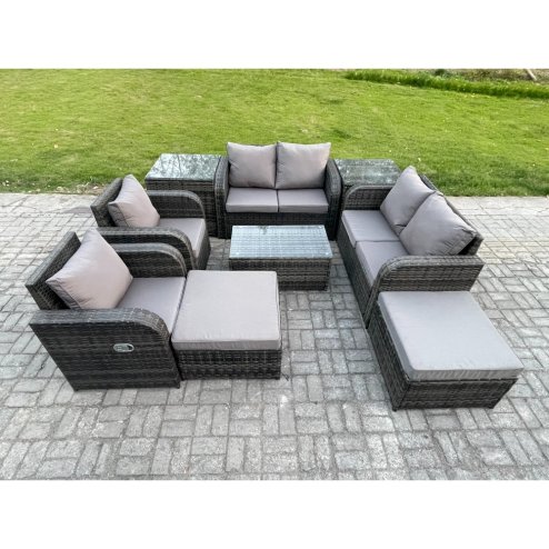 Fimous High Back Rattan Garden Furniture Set with Loveseat Sofa Rectangular Coffee Table 2 Side Tables 2 Big Footstool Indoor Outdoor Patio Lounge Sofa Set Dark Grey Mixed