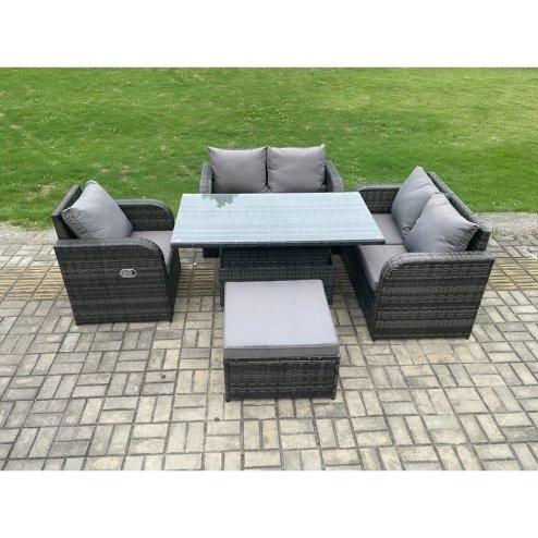 Fimous Wicker PE Rattan Furniture Garden Dining Set Outdoor Height Adjustable Rising lifting Table Love Sofa With Reclining Chair Big Footstool