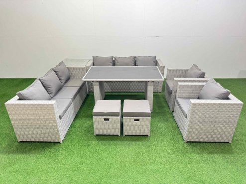 Fimous 10 Seater Wicker PE Rattan Furniture Outdoor Dining Table 3 Seater Sofa Armchair Set with Side Table 2 Small Stools Light Grey