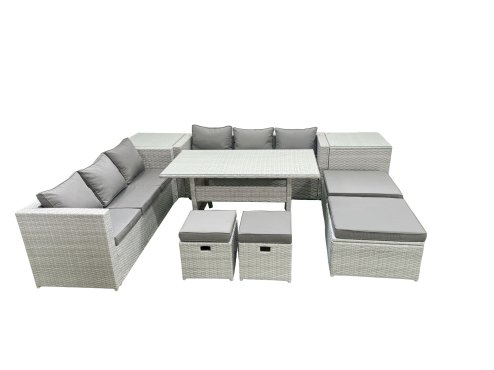 Fimous Rattan Garden Furniture Set Outdoor 10 Seater Patio Dining Sets with Glass Top Dining Table 2 Side Tables Light Grey Mixed