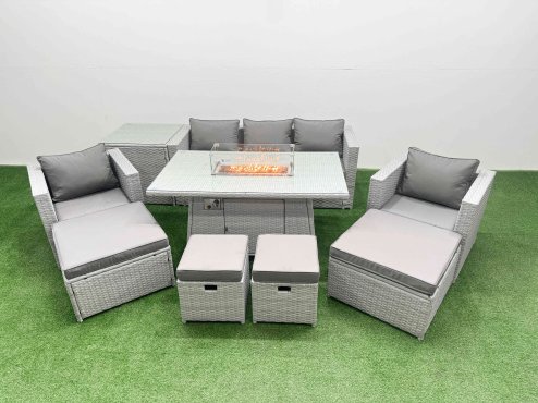 Fimous 9 Seat PE Rattan Lounge Sofa Set Outdoor Garden Furniture Set with Firepit Dining Table 3 Seater Sofa 4 Footstools Side Table Light Grey