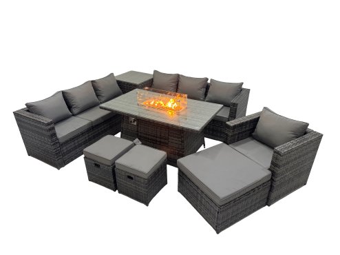 Fimous 10 Seater Garden Outdoor Rattan Furniture Set Patio Corner Sofa Gas Firepit Dining Table with Side Table 3 Stools Dark Grey