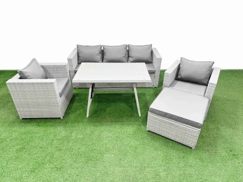 Fimous 6 Pieces Outdoor PE Rattan Sofa Armchair Set Patio Garden Furniture Sets with Cushions Big Stool Light Grey