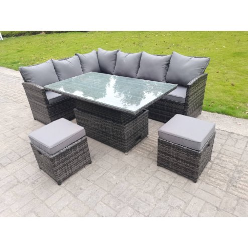 Fimous High Back Corner Rattan Garden Furniture Sofa Dining Rising Table Height Adjustable 8 Seater 2 Small Foot Stools