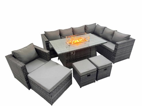 Fimous Garden Rattan Furniture Set 10 Seater Outdoor Corner Sofa Chair Gas Firepit Dining Table Set with 3 Stool Dark Grey