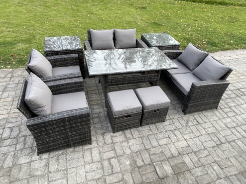 Fimous Garden Furniture Sets 9 Pieces Rattan Furniture Handmade Wicker Patio Sofa Set with 2 Small Footstools 2 Side Tables Dark Grey Mixed