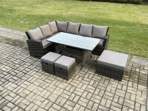 Fimous 9 Seater Garden Rattan Furniture Corner Dining Set with 3 Footstools Indoor Outdoor Lounge Sofa Set Dark Grey Mixed