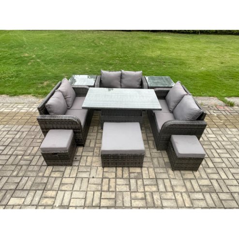 Fimous Rattan Garden Outdoor Furniture 3 PC Love Sofa Set Adjustable Rising lifting Dining Table With 2 Side Tables 3 Footstools