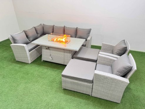 Fimous Outdoor Furniture Garden Dining Set Rattan Corner Sofa Chair Sets Gas Fire Pit Table with Temper Glass Footstools 10 Seater Light Grey Mixed