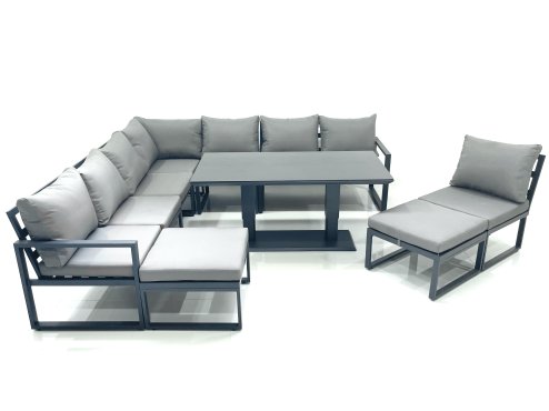 Fimous 10 Seater Outdoor Aluminum Garden Furniture Set Corner Sofa 2 Big Footstools Rising Lifting Dining Table Sets Dark Grey