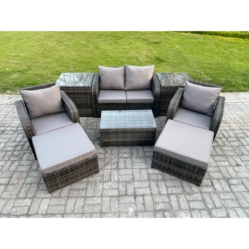 Fimous 6 Seater Outdoor Lounge Sofa Set Rattan Garden Furniture Set with Rectangular Coffee Table 2 Big Footstool 2 Side Tables Dark Grey Mixed