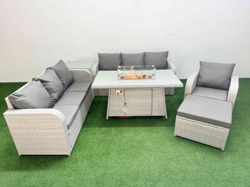 Fimous 8 Seater Poly Rattan Outdoor Garden Furniture Firepit Dining Table Sofa Set Patio 3 Seater Sofa Reclining Chair 3 Seater Sofa Big Footstool Side Table Light Grey
