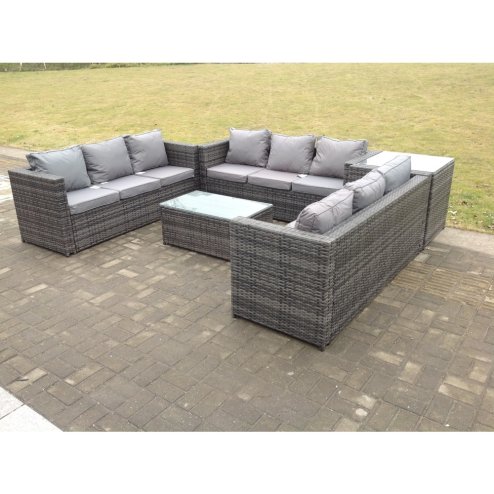 Fimous Outdoor Rattan Garden Furniture Lounge Sofa Set With Oblong Coffee Table And Side Tall High Table