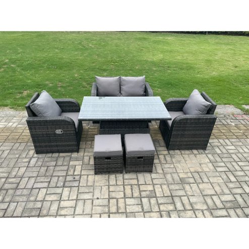 Fimous Wicker PE Rattan Furniture Garden Dining Set Outdoor Patio Height Adjustable Rising lifting Table Love Sofa With Reclining Chair 2 Small Footstools