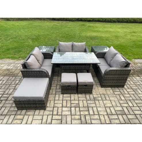 Fimous 9 Pieces Outdoor Rattan Garden Furniture Set with Patio Rectangular Dining Table Love Sofa 2 Side Tables 3 Footstools Dark Grey Mixed