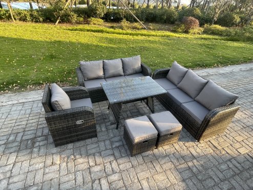 Fimous Outdoor Lounge Sofa Set Wicker PE Rattan Garden Furniture Set with Rectangular Dining Table Reclining Chair 2 Small Footstools Dark Grey Mixed