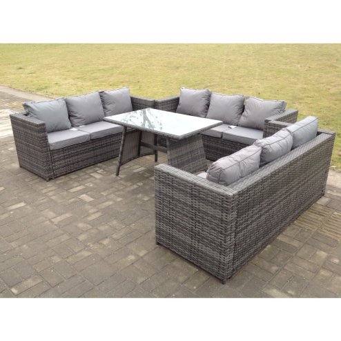 Fimous Outdoor Rattan Garden Furniture Lounge Sofa Set With Oblong Dining Table With Clear Tempered Glass