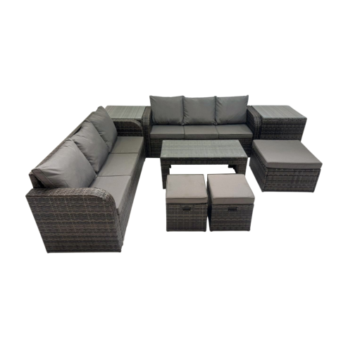 Fimous Rattan Garden Outdoor Furniture Set 3 Seater Sofa Coffee Table with 3 Footstools 2 Side Tables Dark Grey Mixed