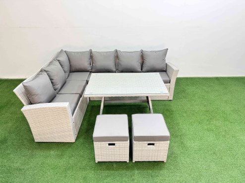 Fimous Garden Outdoor Rattan Furniture Set Rattan Corner Sofa Oblong Dining Table Set with 2 Small Footstools Light Grey Mixed 8 Seater