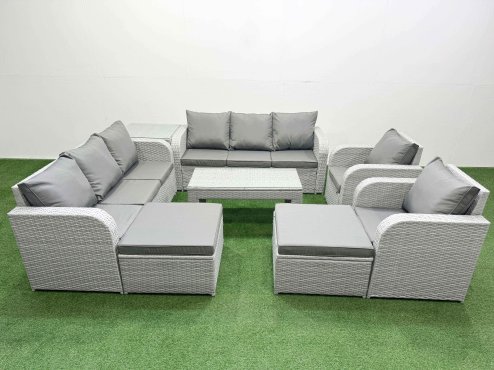 Fimous PE Rattan High Back Lounge Sofa Set Patio Oblong Coffee Table & Chairs Set with 3 Seater Sofa Reclining Chair 2 Big Footstool Side Table Light Grey