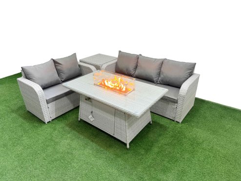Fimous 5 Seater PE Rattan Wicker Garden Furniture Patio Conservatory Sofa Set with Firepit Dining Table 3 Seater Sofa Love Sofa Side Table