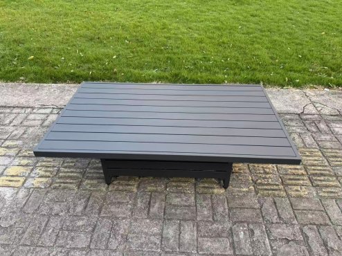 Fimous 9 Pieces Aluminium Garden Furniture Set with Cushions, Patio Furniture Set with Adjustable Rising Lifting Dining Table 2 Big Footstools Dark Grey