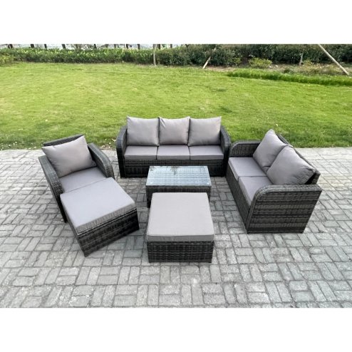 Fimous 8 Seater Garden Furniture Set Rattan Outdoor Lounge Sofa Chair With Tempered Glass Table 2 Big Footstool Dark Grey Mixed