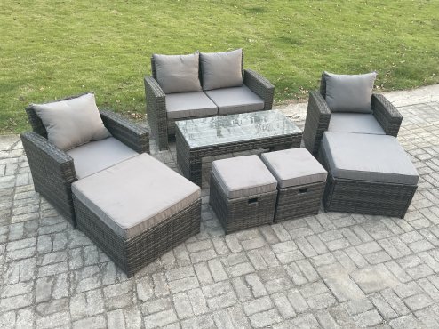 Fimous High Back Rattan Garden Furniture Sofa Sets with Rectangular Coffee Table Armchair 2 Big Footstool 2 Small Footstools Dark Grey Mixed