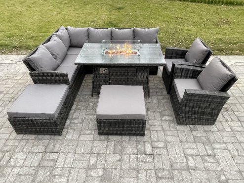 Fimous 10 Seater Outdoor Rattan Garden Furniture Set Corner Sofa Gas Fire Pit Dining Table Sets Gas Heater with 2 Big Footstool 2 Armchair Dark Grey Mixed