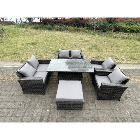 Fimous Rattan Outdoor Furniture Adjustable Rising Lifting Rectangle Dining Table Chairs Two Seater Love Sofa Sets Big Footstools 7 Seater