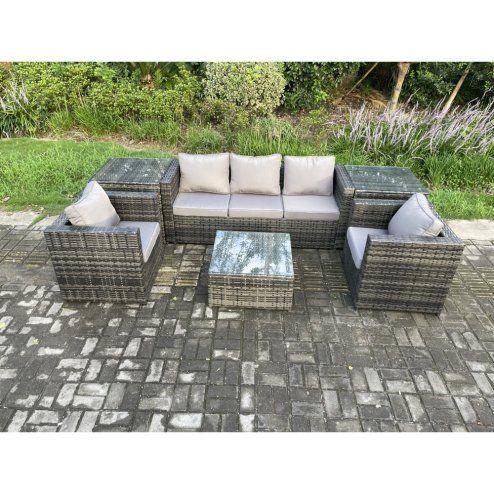 Fimous Wicker 6 Pieces Rattan Garden Furniture Sofa Set with Armchair 2 Side Tables Square Coffee Table Dark Grey Mixed