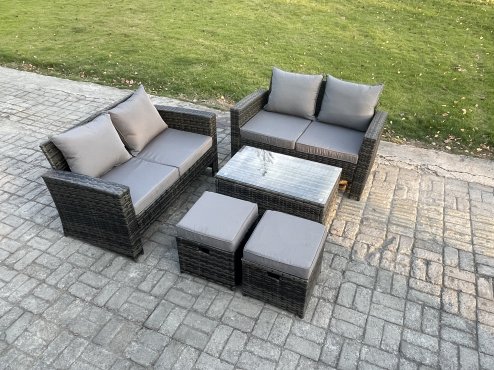 Fimous Wicker Rattan Garden Furniture Sofa Set with Rectangular Coffee Table Double Seat Sofa 2 Small Footstool 6 Seater Outdoor Rattan Set Dark Grey Mixed