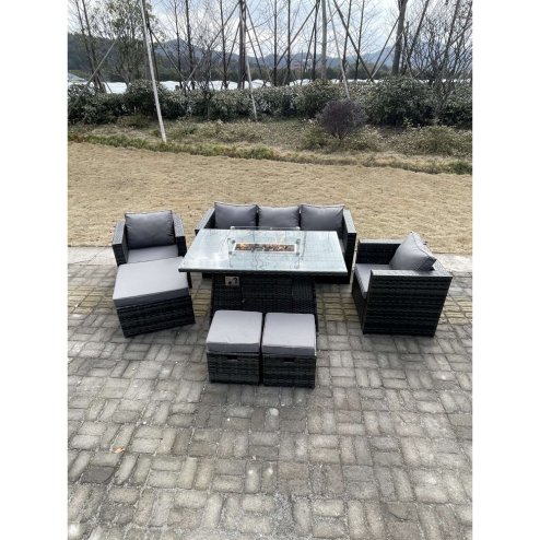 Fimous Outdoor PE Rattan Garden Furniture Gas Fire Pit Dining Table Armchairs With 3 Stools Dark Grey Mixed